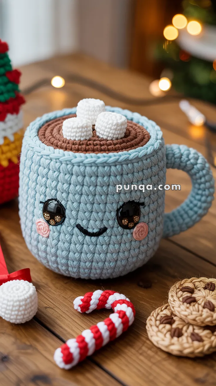 A cute crocheted mug with a smiling face, brown top resembling hot chocolate, and topped with crocheted marshmallows. It is surrounded by crocheted Christmas-themed decorations, including a candy cane and cookies, set on a wooden table.