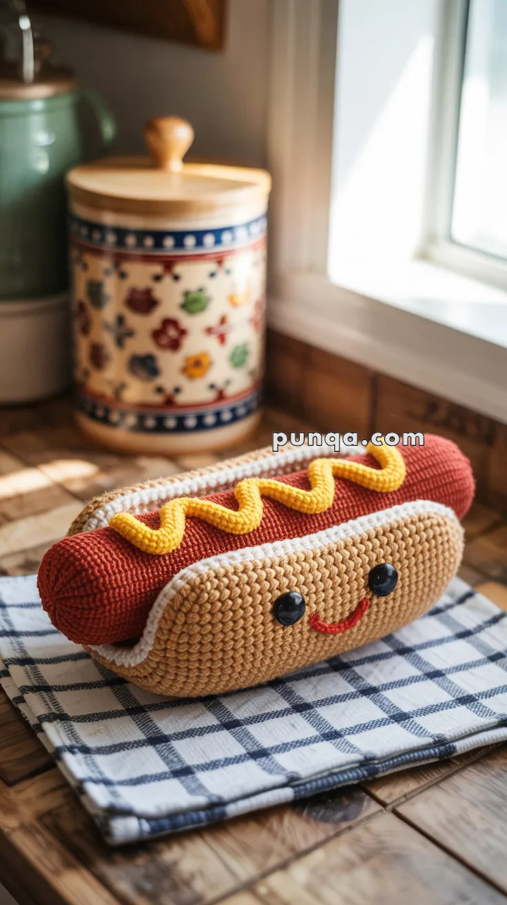 Crocheted plush resembling a hot dog with mustard, featuring a smiling face and black eyes, placed on a checkered cloth on a wooden countertop, with decorative kitchen containers in the background.