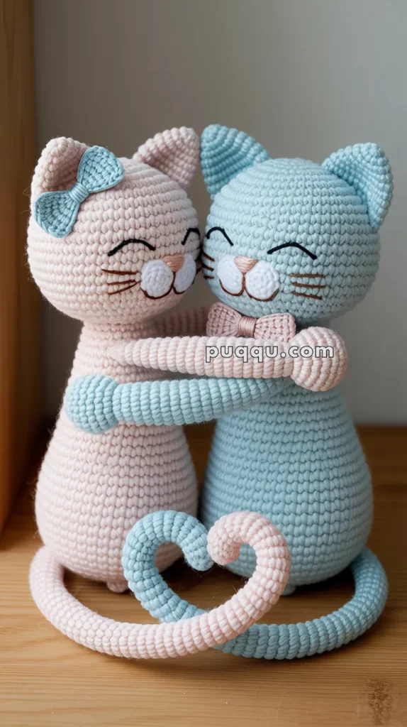 Two crochet cat dolls, one pink and one blue, are embracing each other while smiling, with their tails forming a heart shape on a wooden surface.