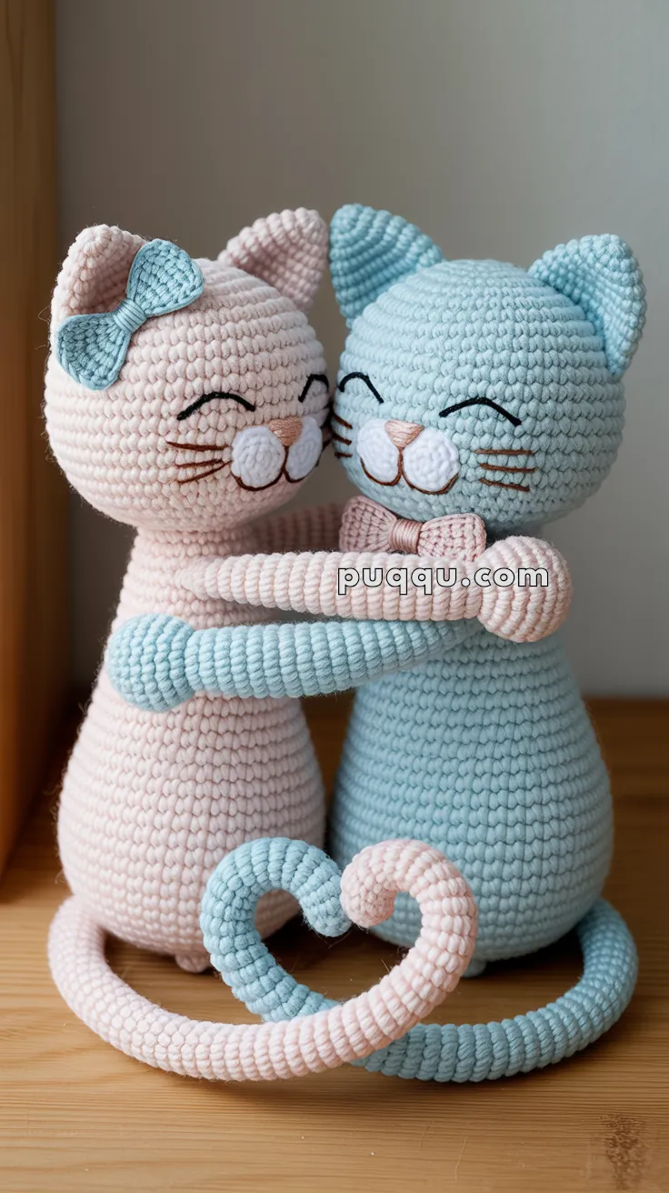 Two crochet cat dolls, one pink and one blue, are embracing each other while smiling, with their tails forming a heart shape on a wooden surface.