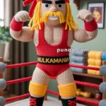 Crocheted doll resembling a wrestler, wearing a red bandana, yellow mustache, red and yellow wrestling attire with "HULKAMANIA" across the waist, standing in a miniature wrestling ring.