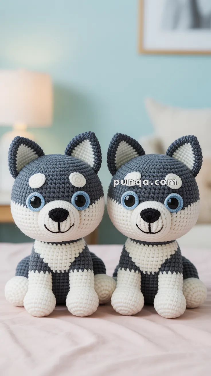 Two gray and white crocheted husky dog plush toys sitting side by side on a bed with a blurred background of a lamp and framed picture.