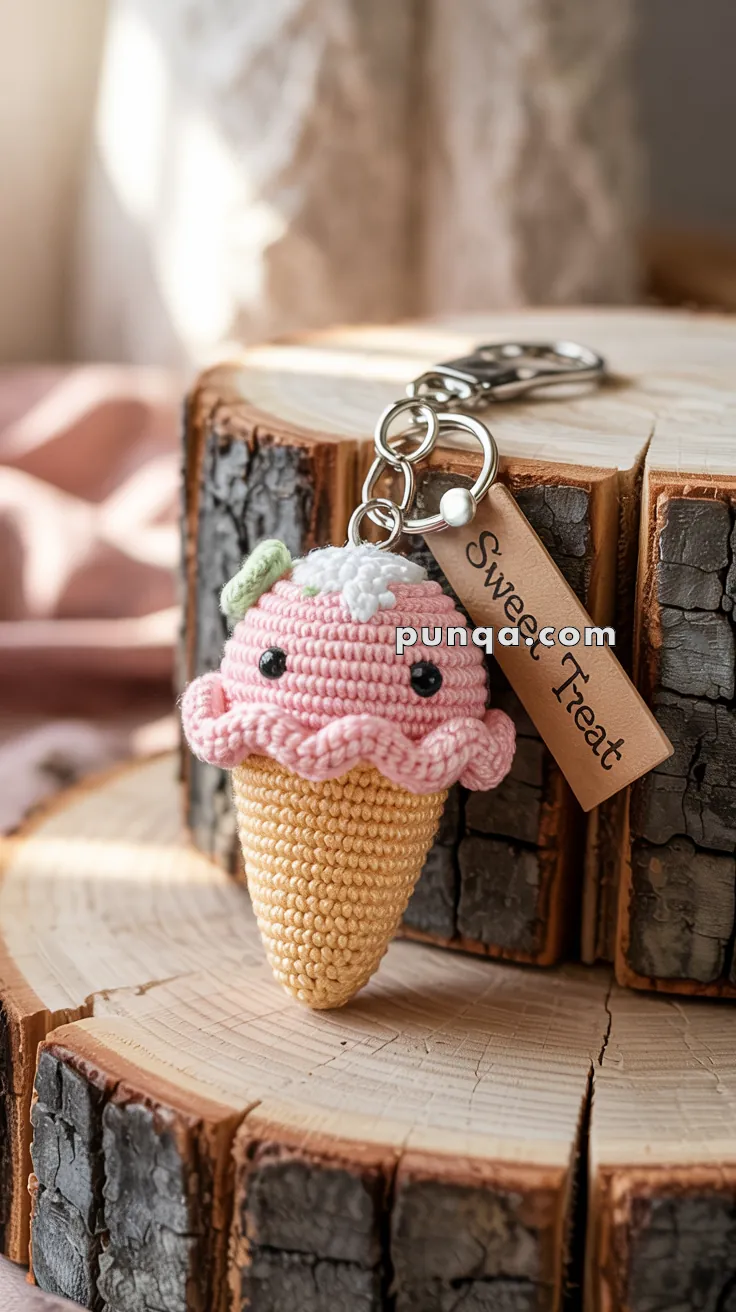 A handcrafted keychain featuring a crocheted ice cream cone with pink ice cream and black eyes, set on a wooden background. The keychain includes a metal ring and a small tag labeled "Sweet Treat."