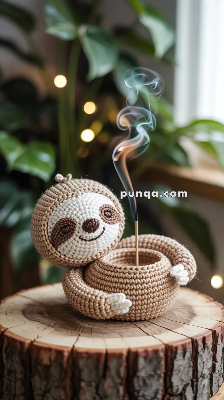 A crochet sloth holding a small bowl with an incense stick burning in it, placed on a wooden stump with plants in the background.