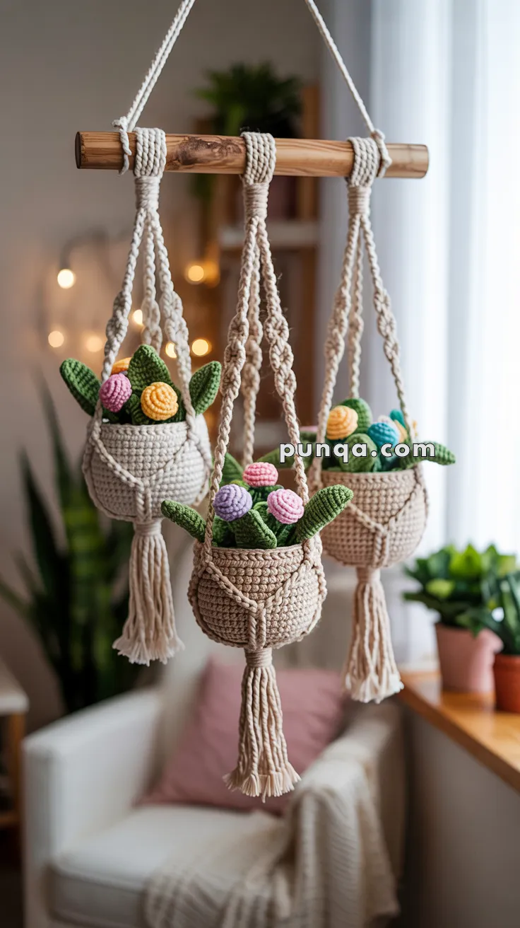 Three macramé plant hangers with crocheted plants and flowers in different colors hanging from a wooden rod in a cozy, well-lit room.