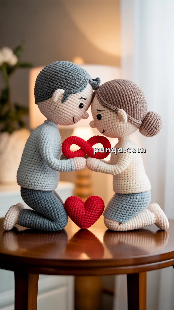 A crochet couple sits on a wooden table, kneeling face to face, holding a red infinity symbol between them.