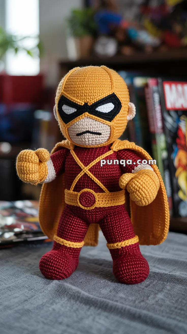 A crocheted doll resembling a superhero figure, wearing a yellow and red costume with a cape, black mask, and belt, posed with fists raised. The background features blurred comic books on a shelf.