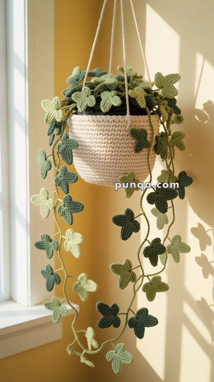 A crocheted hanging plant with green leaves in various shades, displayed in a beige basket near a sunlit window.