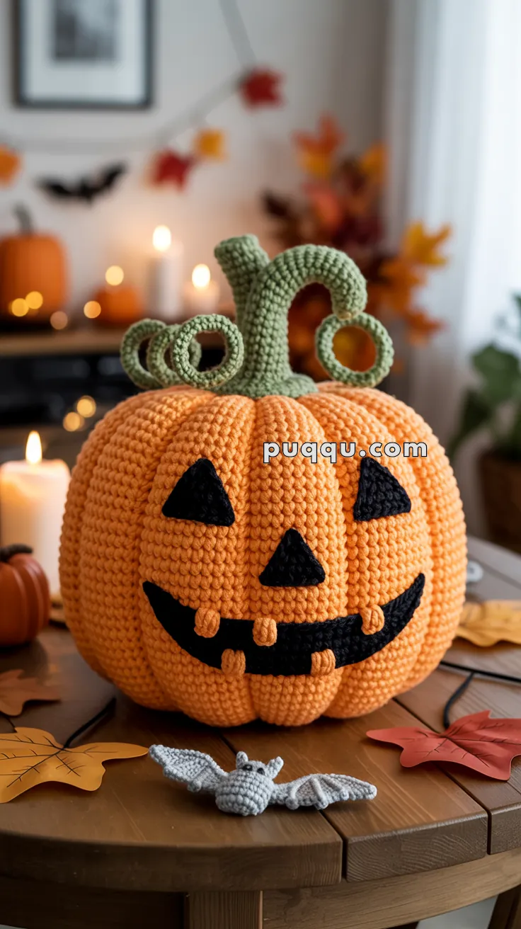 A crocheted pumpkin with a jack-o'-lantern face and green stem curls, surrounded by autumn leaves and candles in a festive setting.