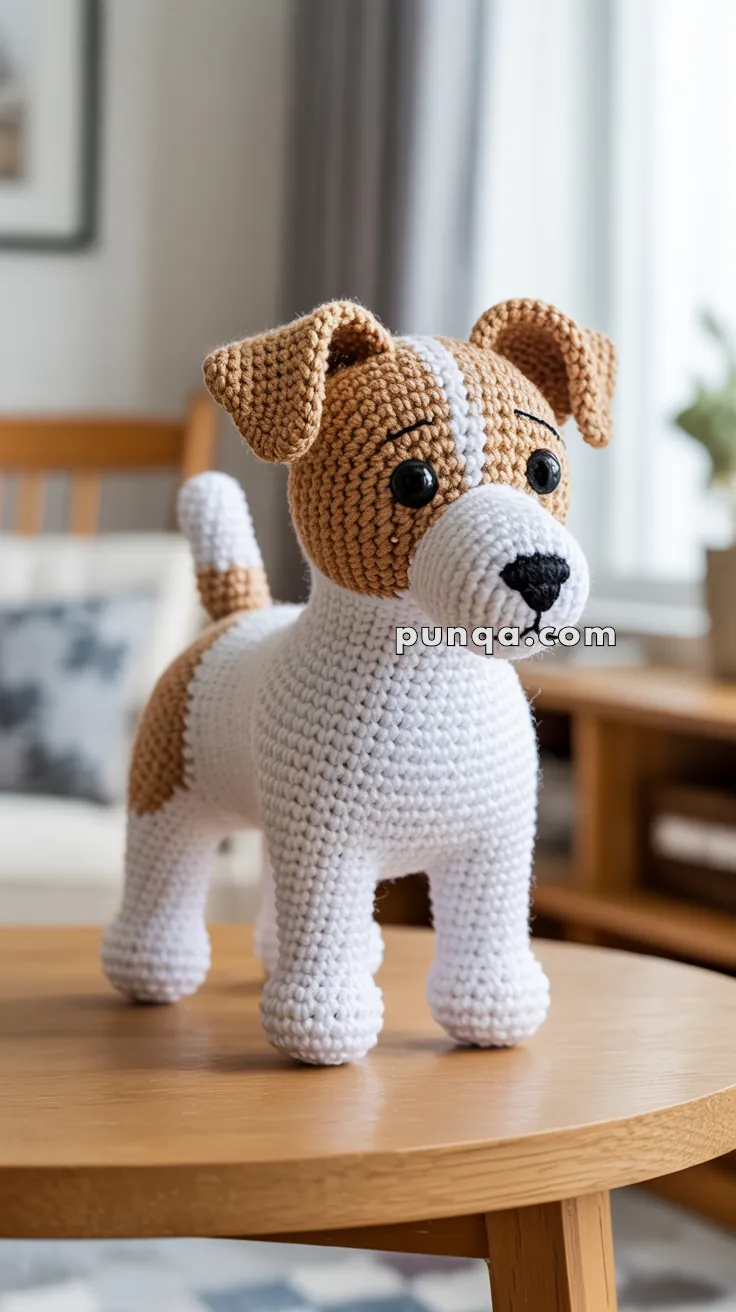 A handmade crocheted dog toy with brown and white patches, standing on a wooden table in a cozy room.