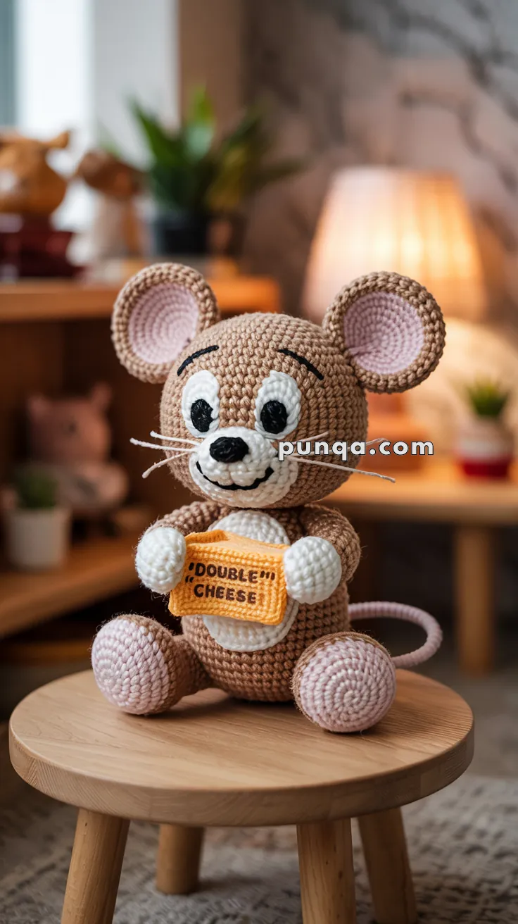A crocheted mouse holding a block labeled "Double Cheese," sitting on a wooden stool in a cozy room.
