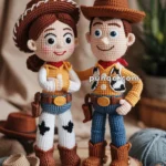Two crocheted dolls resembling cowboys, with one wearing a hat and boots, standing on a wooden slab surrounded by colored yarn and additional hats.