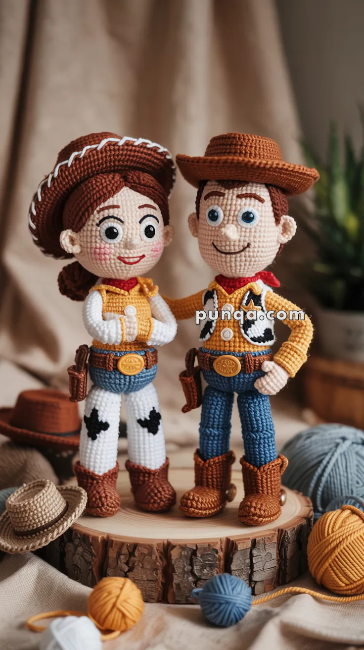 Two crocheted dolls resembling cowboys, with one wearing a hat and boots, standing on a wooden slab surrounded by colored yarn and additional hats.