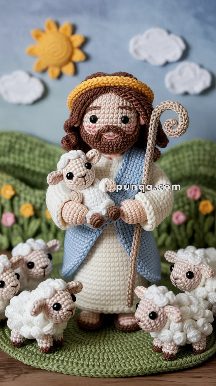 Crocheted figure dressed as a shepherd holding a small sheep, surrounded by more sheep, with a crochet sun and clouds in the background.
