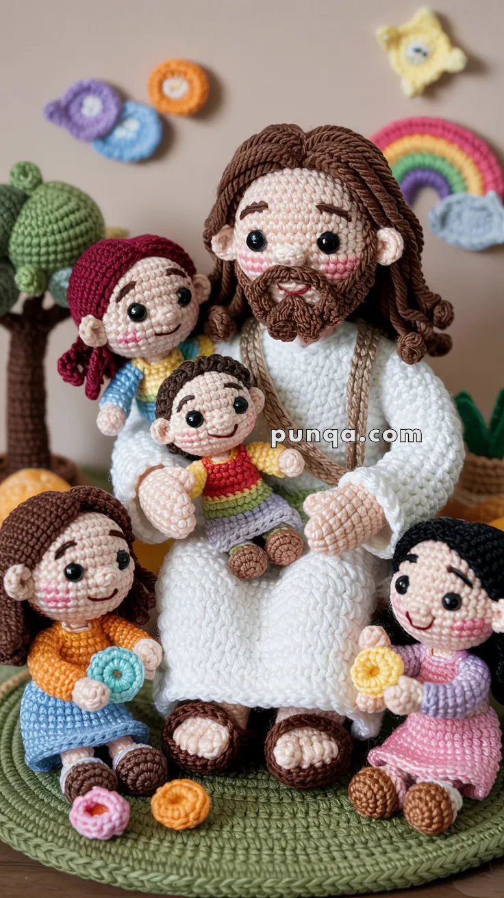 Crocheted figures of a man with children, surrounded by colorful clouds, a rainbow, and a tree in the background.