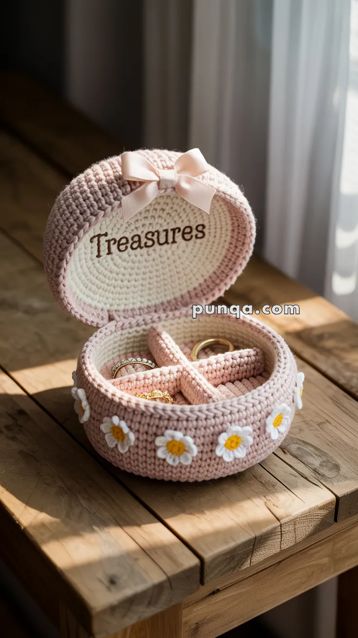 A crocheted jewelry box adorned with small white and yellow flowers, containing rings and labeled "Treasures" inside the lid, placed on a wooden table.