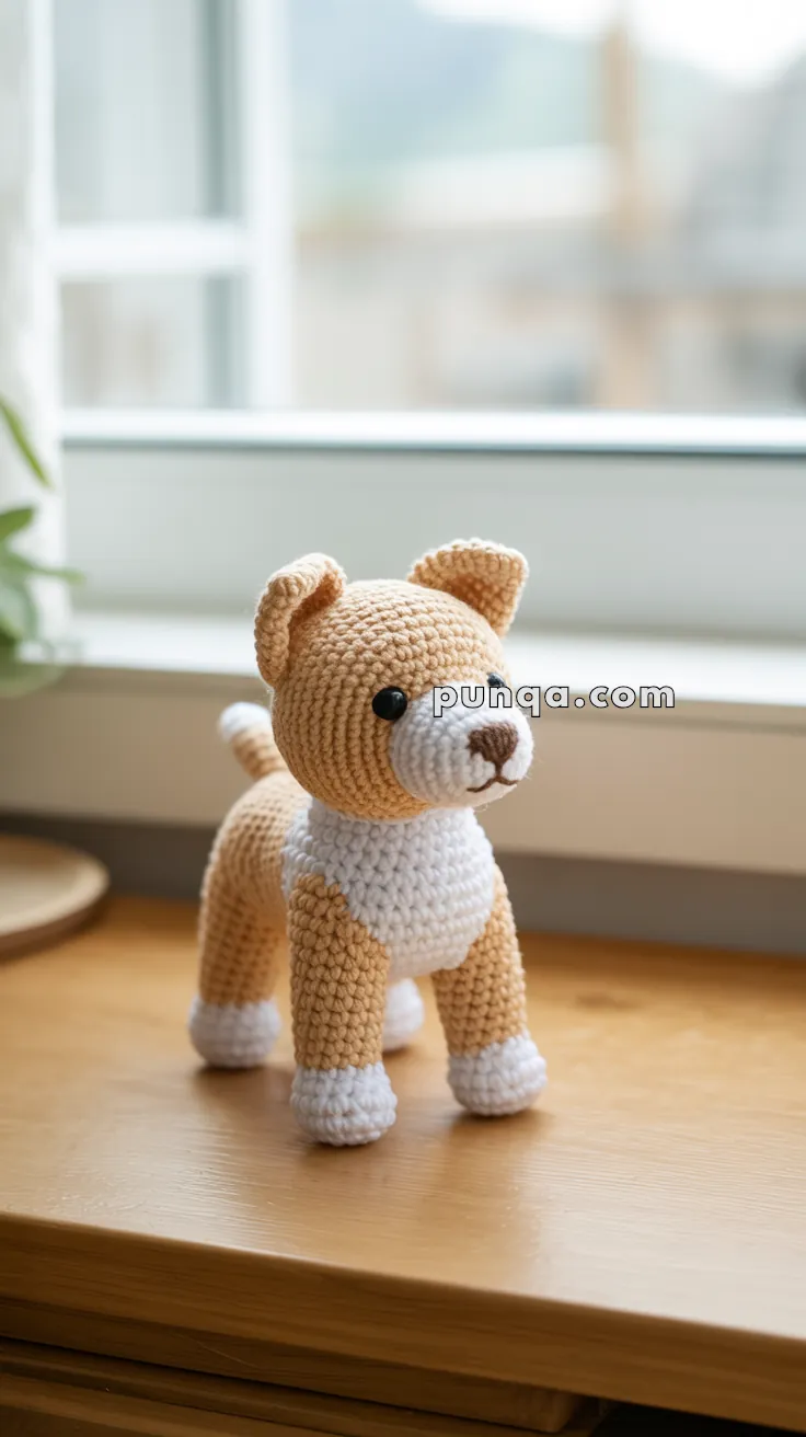 A crocheted dog figurine in beige and white yarn placed on a wooden table near a window.