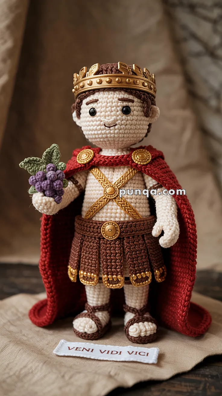 A crocheted doll dressed as a Roman soldier, wearing a brown skirt, red cape, and golden crown, holding a crocheted bunch of grapes. The doll stands on a cloth with the words "VENI VIDI VICI."
