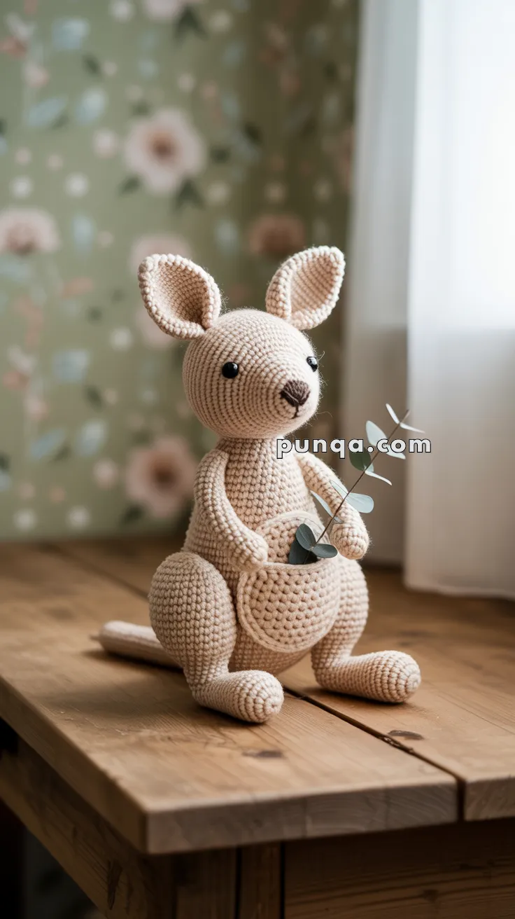 A handmade crochet kangaroo toy sitting on a wooden table, holding a small eucalyptus leaf in its pouch, with a floral-patterned background.