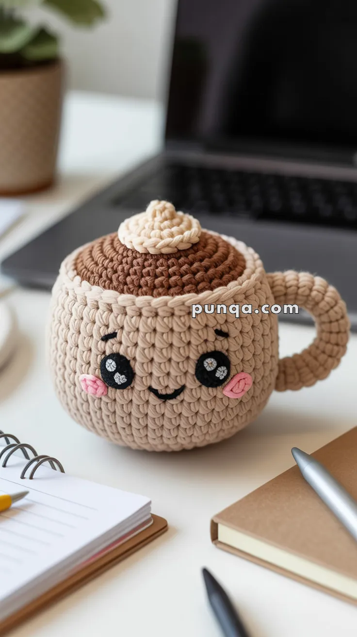 A crocheted plush mug with a smiling face and rosy cheeks, featuring a swirl pattern on top resembling foam, set on a desk beside a notebook, pens, and a plant.