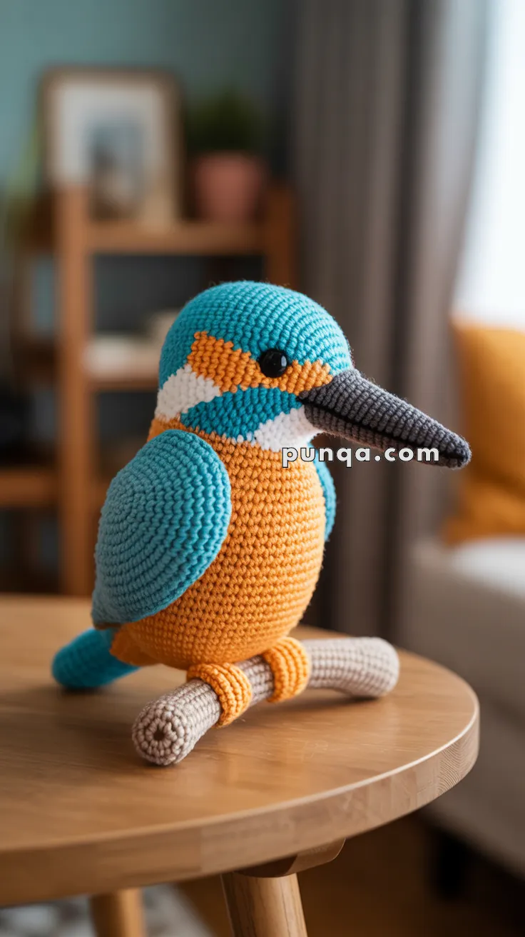 Crocheted bird with blue, orange, and white colors sitting on a wooden table in a cozy living room setting.