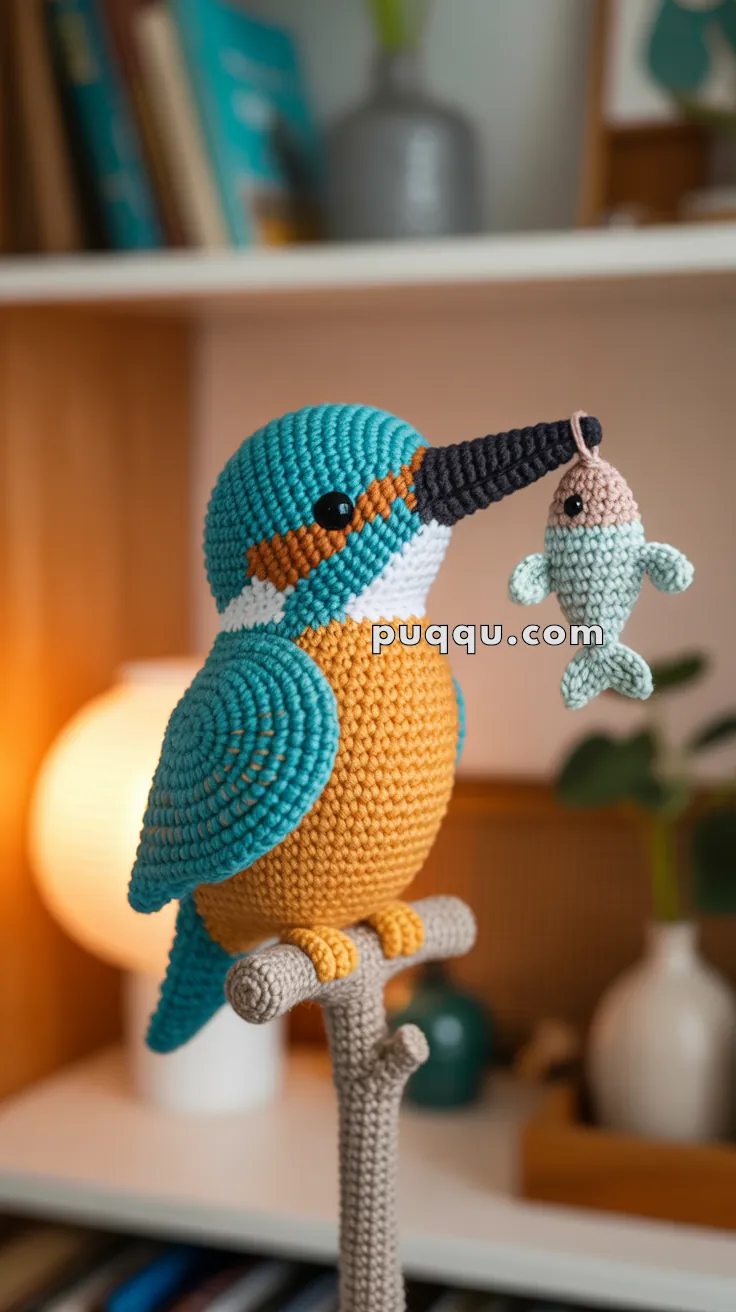 A crocheted kingfisher bird perched on a branch, holding a small crocheted fish in its beak, with a blurred indoor background.
