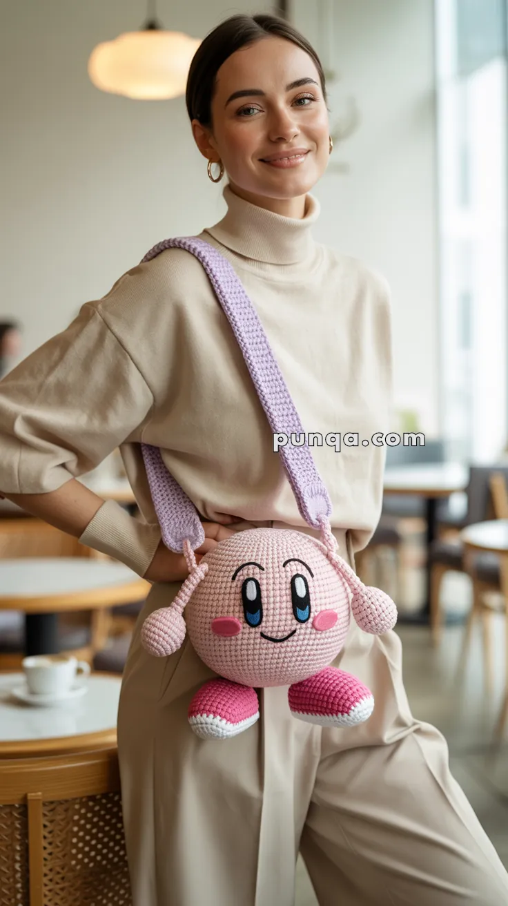 A person smiling while holding a pink crocheted bag shaped like a character with large eyes and feet, wearing a beige turtleneck sweater.