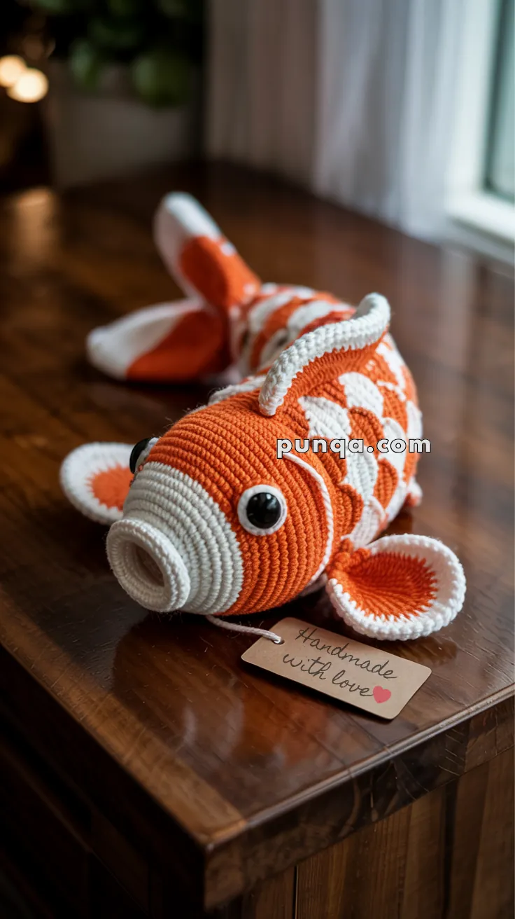 A crocheted orange and white fish toy on a wooden table with a tag reading "Handmade with love."