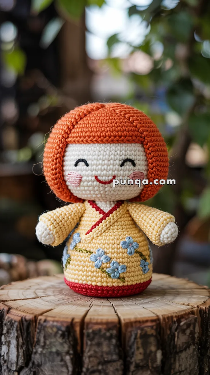 A handmade crocheted Kokeshi doll with reddish-orange hair, a smiling face, and wearing a yellow dress with blue embroidered flowers, sitting on a wooden stump outdoors.