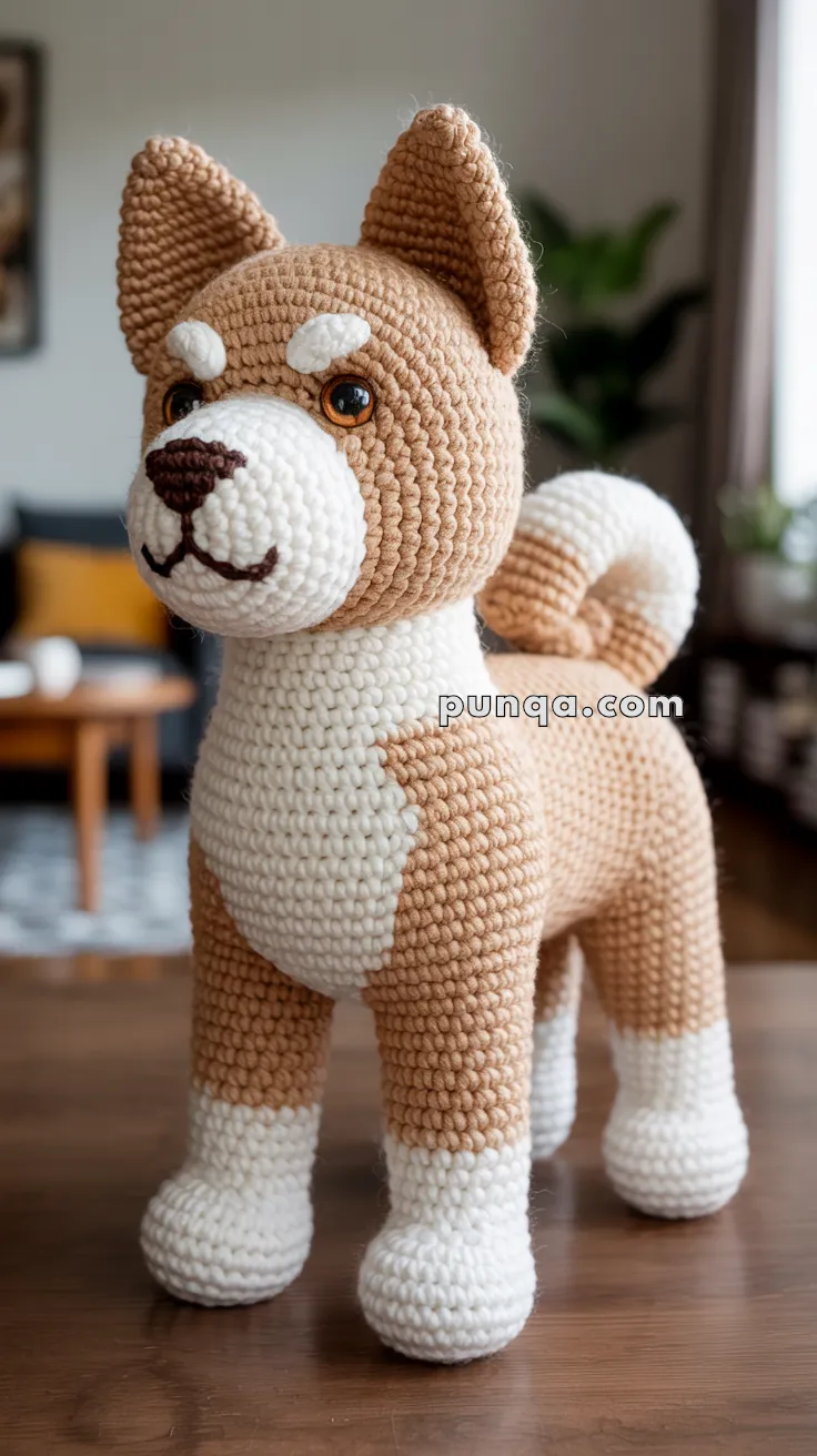 A crocheted dog resembling a Shiba Inu, made with tan and white yarn, standing on a wooden surface in a room with a couch in the background.