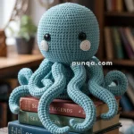 A crocheted blue octopus Kraken toy with large black eyes sits on top of a stack of books titled "Sea Legends" and "Ocean Myths" on a wooden table in a cozy room with bookshelves in the background.