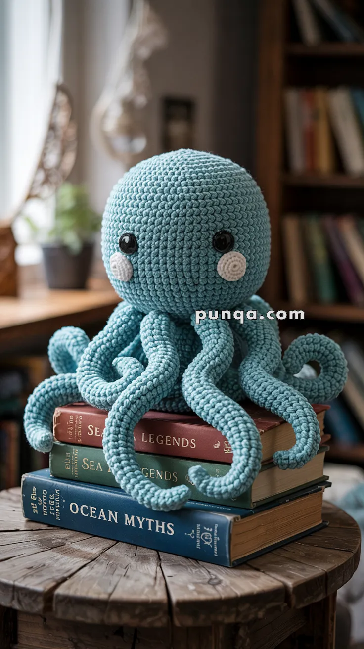 A crocheted blue octopus Kraken toy with large black eyes sits on top of a stack of books titled "Sea Legends" and "Ocean Myths" on a wooden table in a cozy room with bookshelves in the background.