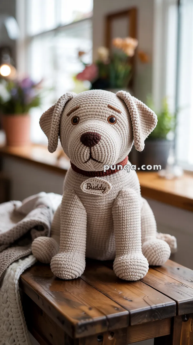 A crocheted labrador dog toy sitting on a wooden table, labeled 'Buddy', with a blurred background of potted plants.