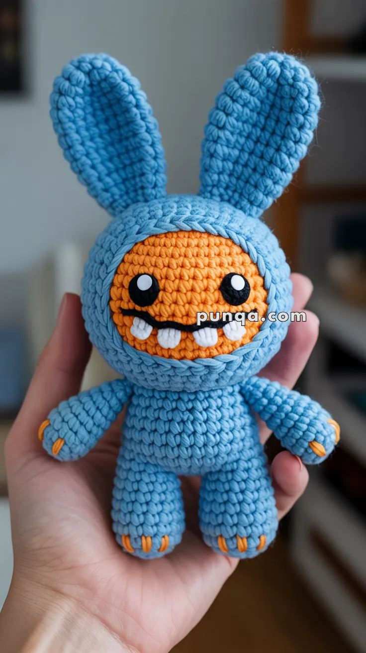 A handmade crochet doll with blue body and large ears, featuring an orange face with large eyes and two prominent teeth, held in a person's hand.