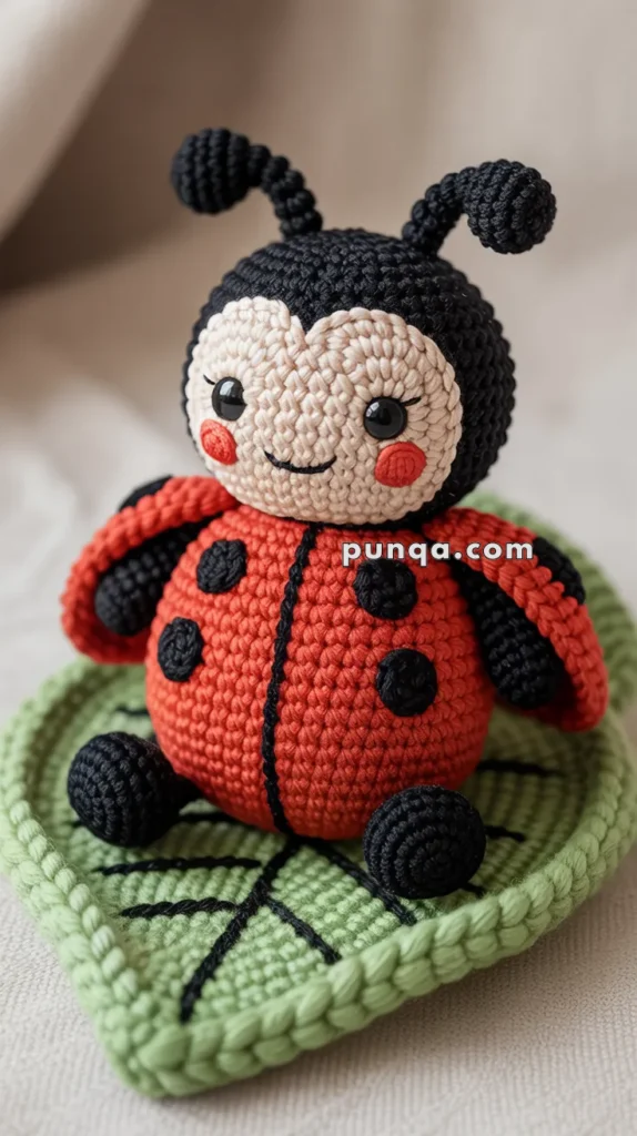 A crocheted ladybug amigurumi sitting on a green knitted leaf, featuring a red body with black spots and a smiling face.