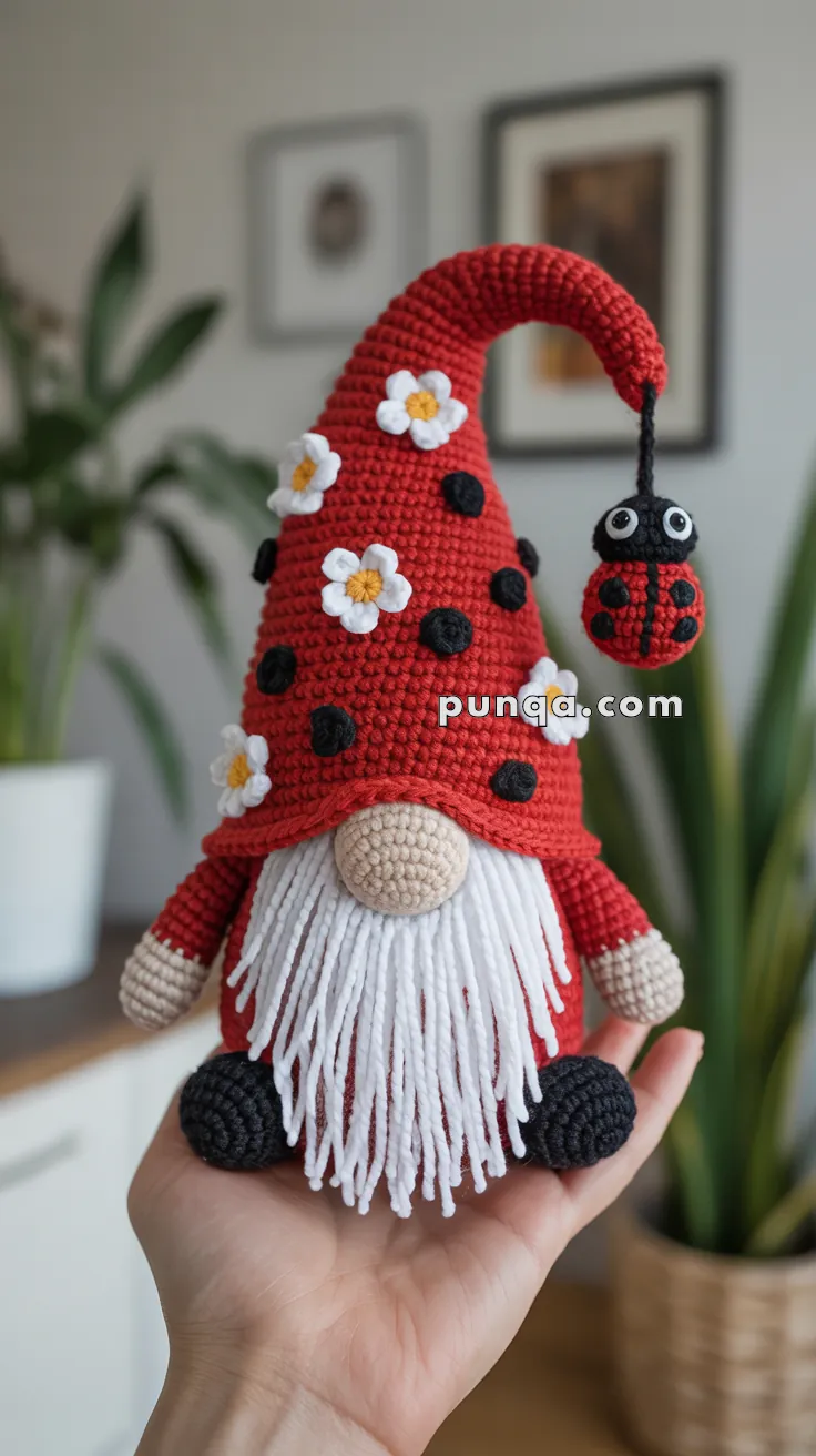 Amigurumi gnome with a red hat adorned with black dots and white flowers, featuring a long white beard and a small crocheted ladybug hanging from the hat, held in a person's hand.