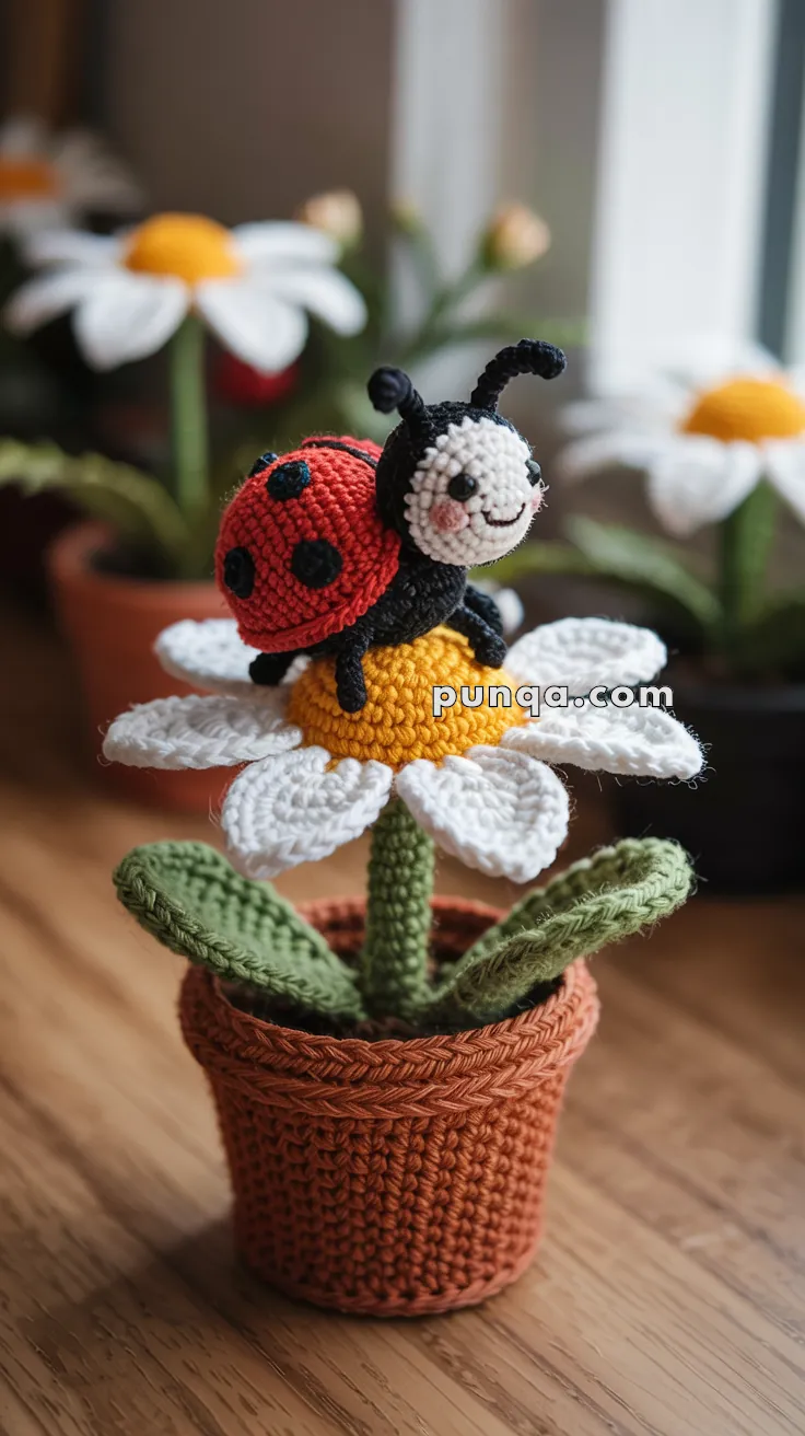 A crocheted ladybug sits on top of a crocheted daisy, with a yellow center and white petals, placed in a crocheted brown pot on a wooden surface.