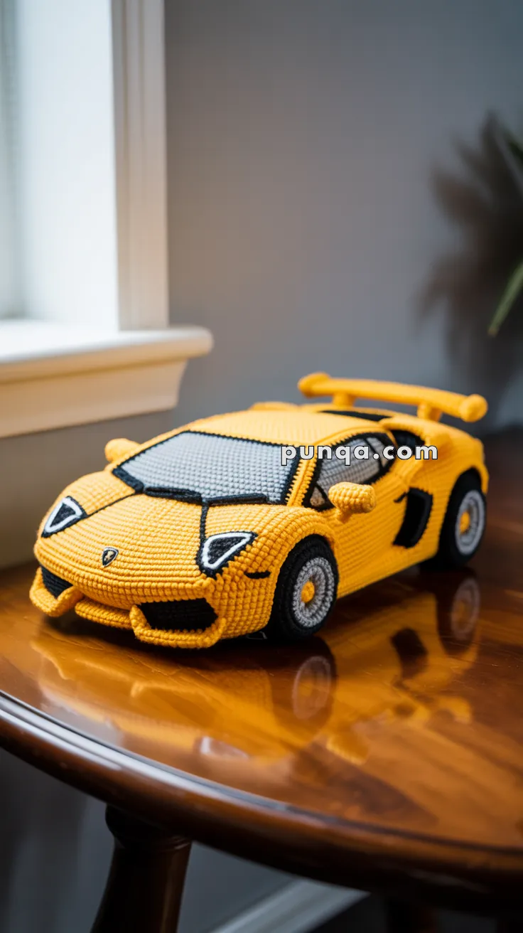 A crocheted model of a yellow sports car, resembling a Lamborghini, placed on a wooden table near a window.