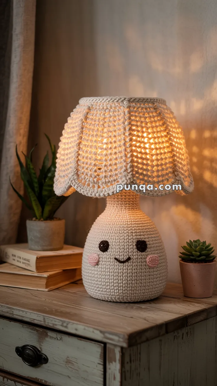 A crochet lamp with a smiling face design, featuring a textured lampshade, sits on a wooden table beside potted plants and books.