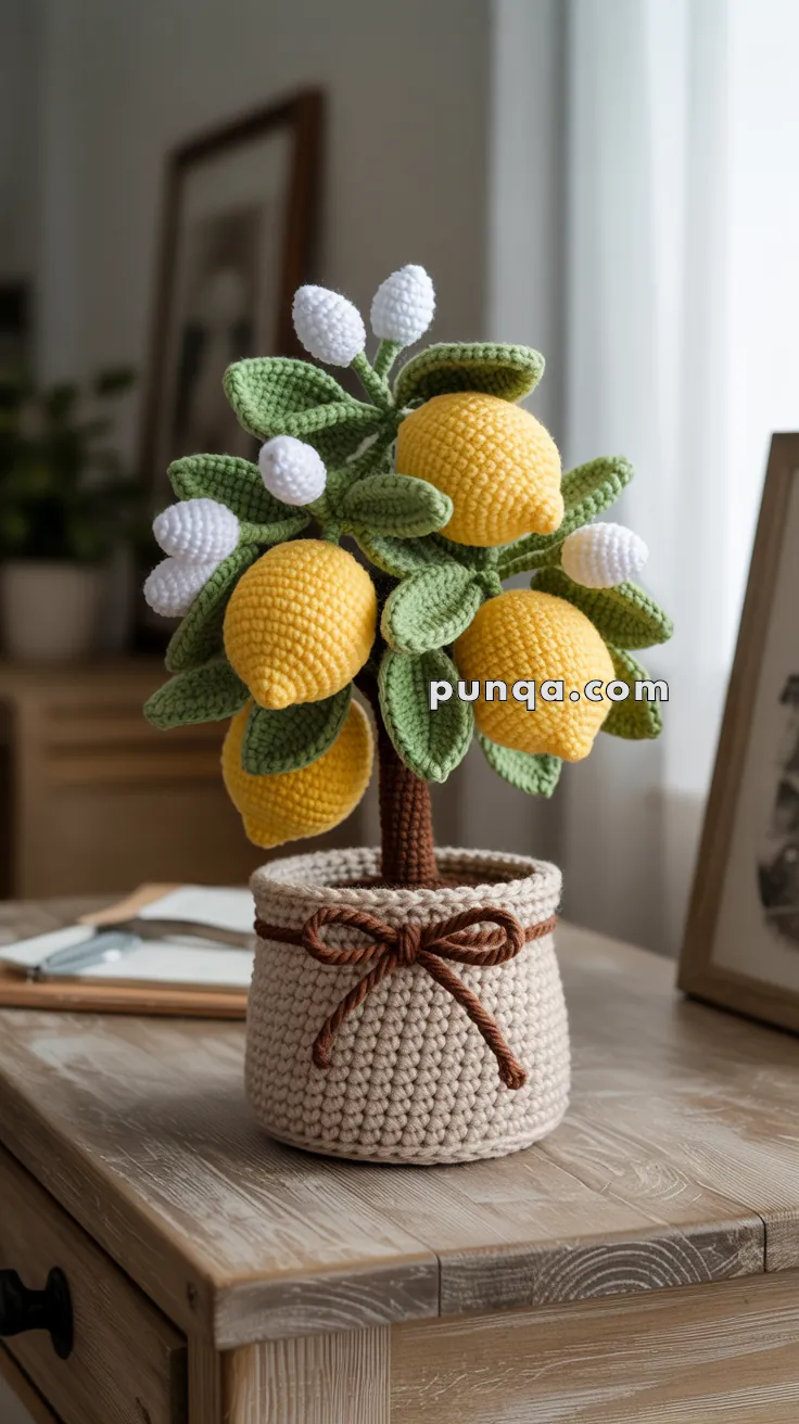 A crocheted lemon tree with yellow lemons and white flowers in a knitted pot on a wooden table.