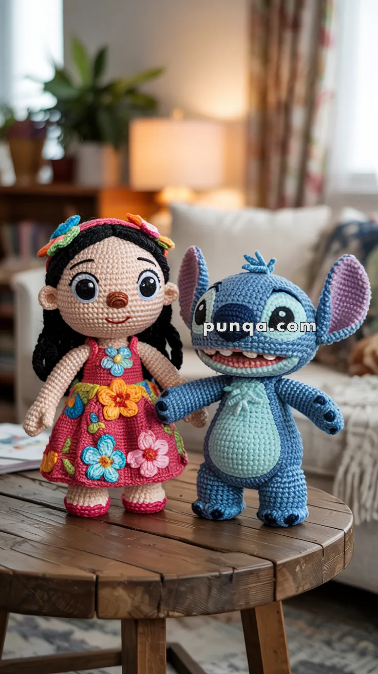 Two crocheted dolls, one resembling a girl in a colorful dress with floral patterns, and the other resembling a blue creature with large ears, both standing on a wooden table in a cozy living room setting.