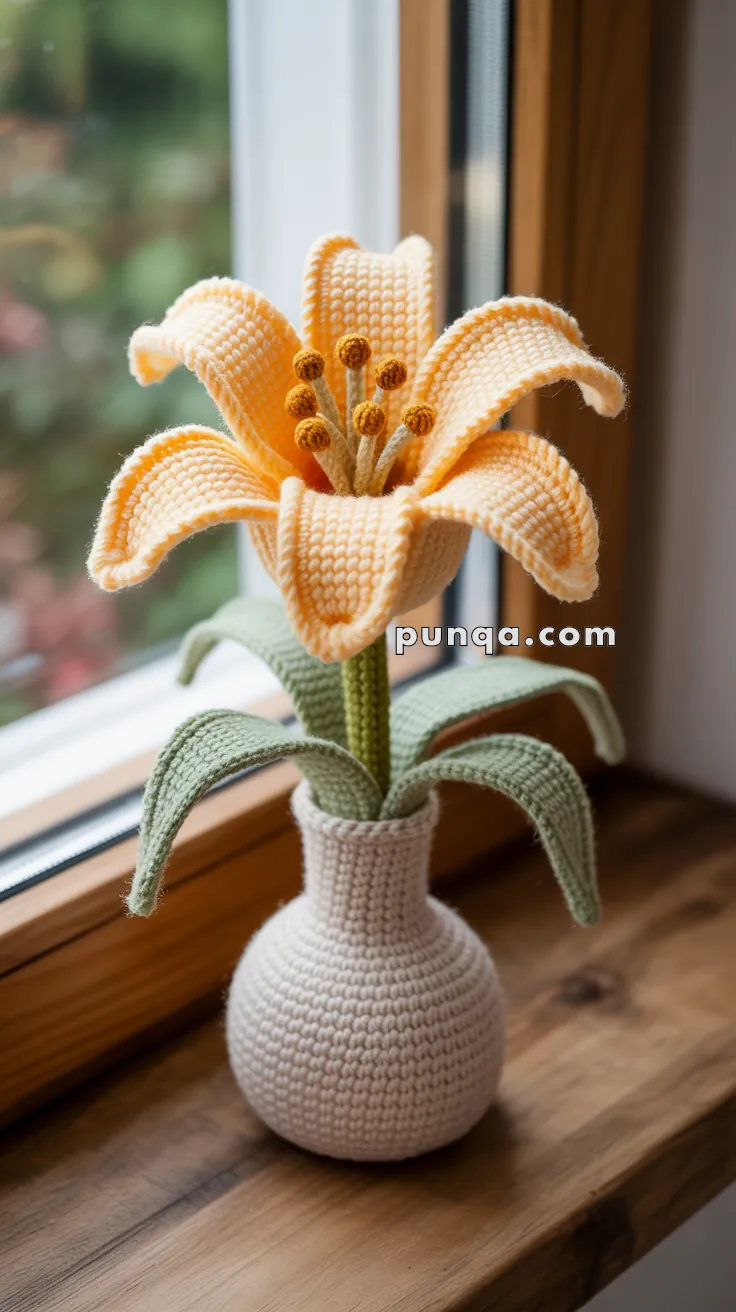 A crocheted orange lily with green leaves in a matching crocheted vase, placed on a wooden windowsill.