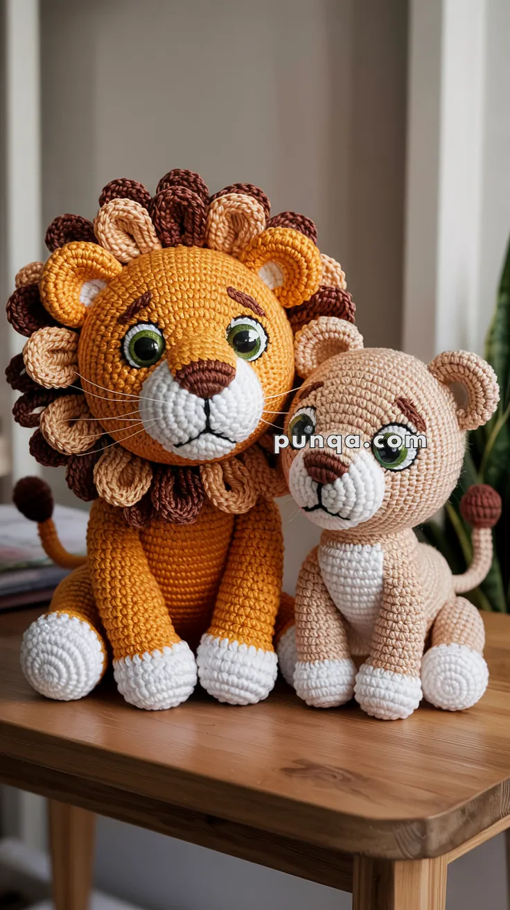 Two crocheted lion toys sitting on a wooden table, one large with a colorful mane and the other smaller with a plain beige body.