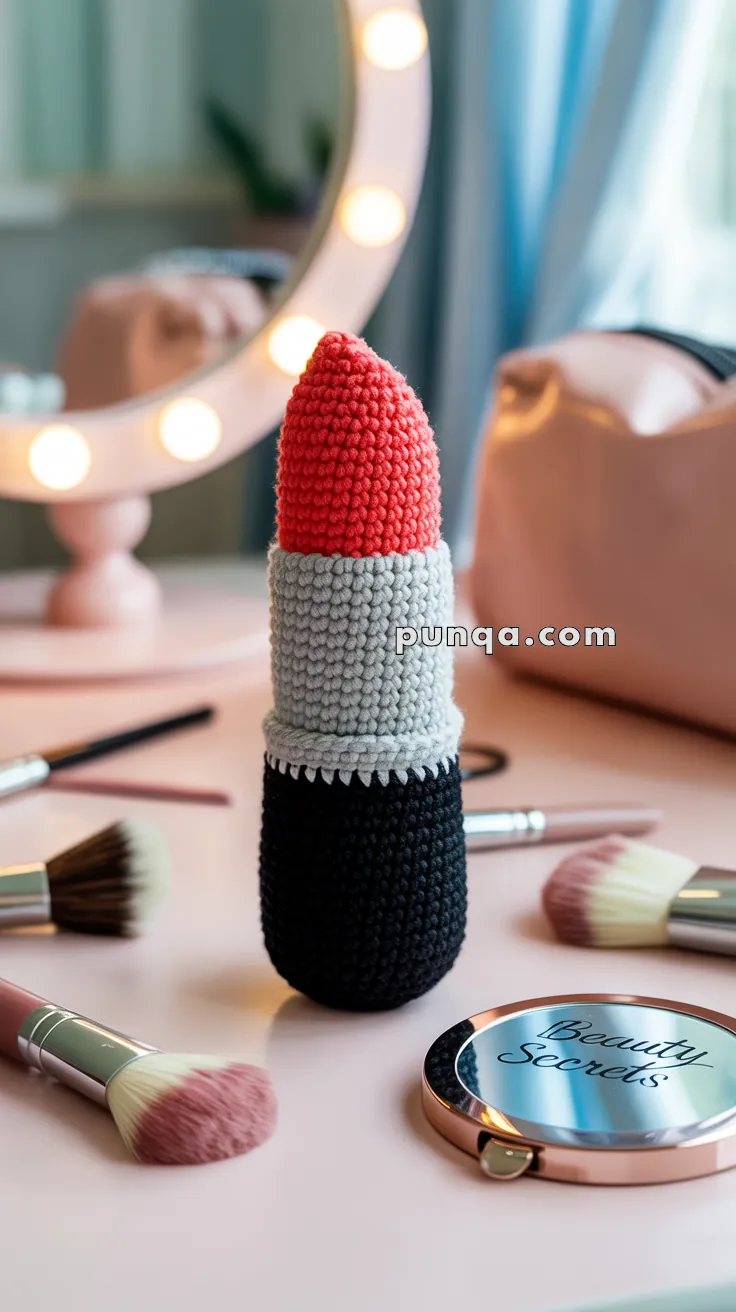 A crocheted red lipstick with a black base and gray middle section, placed among makeup brushes and a compact mirror on a vanity table.