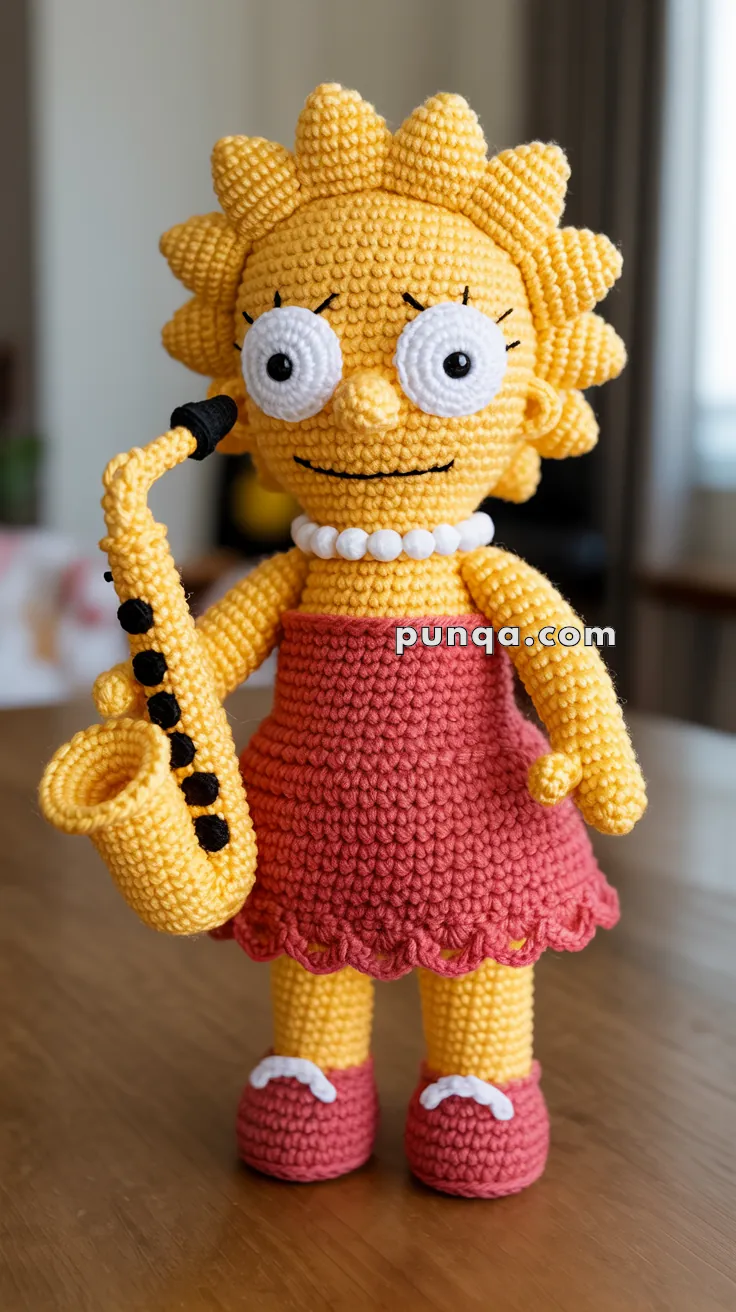 Crocheted doll resembling an animated character with yellow skin, spiky hair, a red dress, white bead necklace, and holding a yellow saxophone.