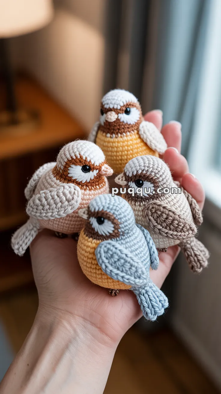 A hand holding four crocheted bird figurines in different shades of beige, brown, and blue, each featuring detailed stitching and expressive eyes.