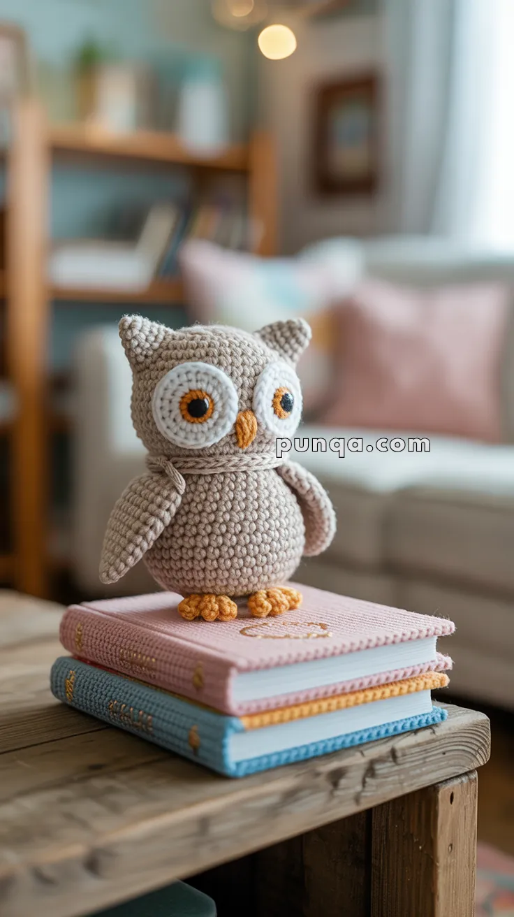 A crocheted owl toy with large round eyes and a beige body sits atop two stacked, pastel-colored books on a wooden table in a cozy living room setting.