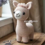 A cute, hand-crocheted llama plush toy in pinkish tones, standing on a wooden table with a few sprigs of lavender lying beside it.