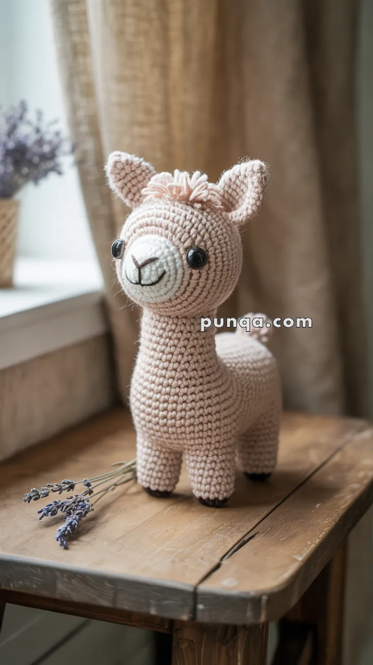 A cute, hand-crocheted llama plush toy in pinkish tones, standing on a wooden table with a few sprigs of lavender lying beside it.