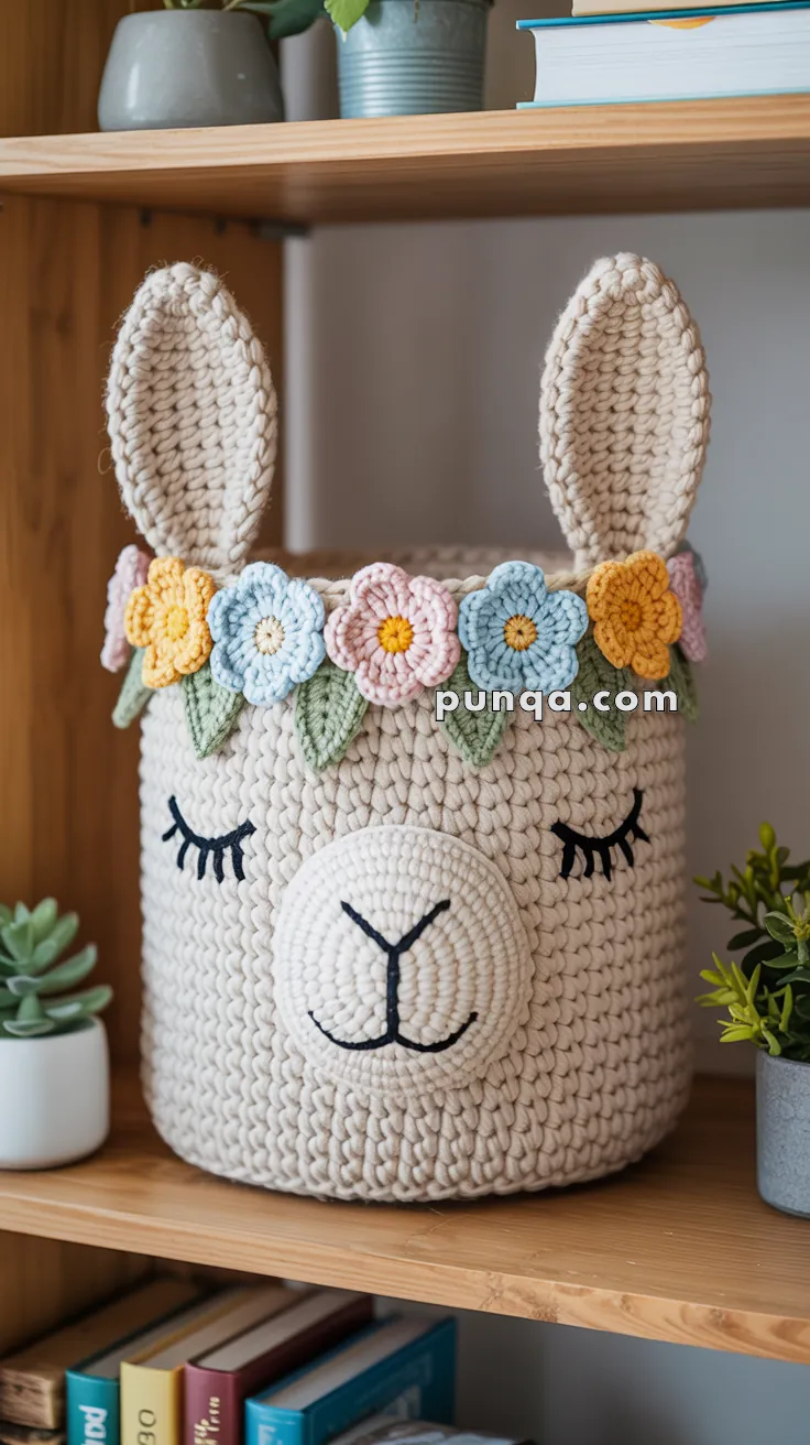 A knitted storage basket in the shape of a cartoon llama's face with closed eyes, adorned with a colorful crocheted flower crown on a wooden shelf.